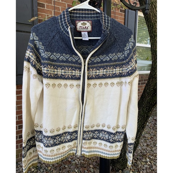 Tiara International Women's Fair Isle Zip Up Cardigan Sweater Large - Picture 1 of 8